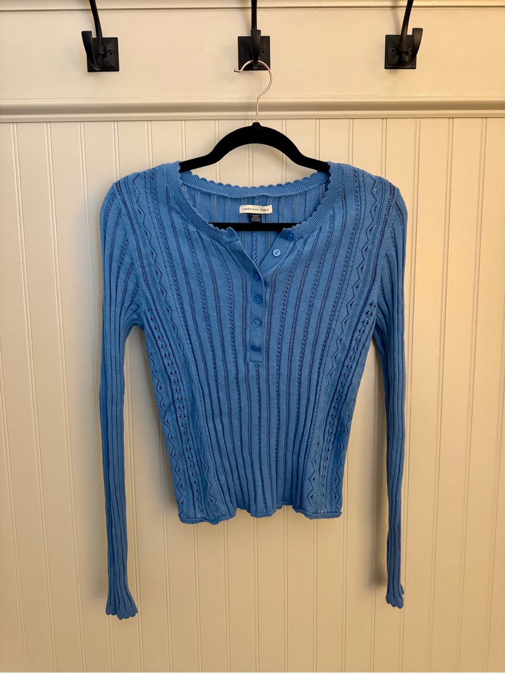 American Eagle Outfitters Light Blue Ribbed Henley Long Sleeve Top